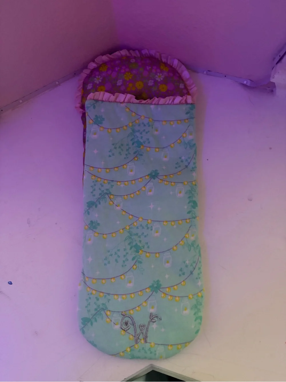 ameican girl sleeping bag with three sets of pajamas and slippers